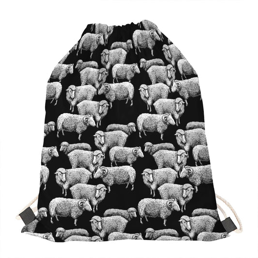 Black And White Sheep Pattern Print Drawstring Bag