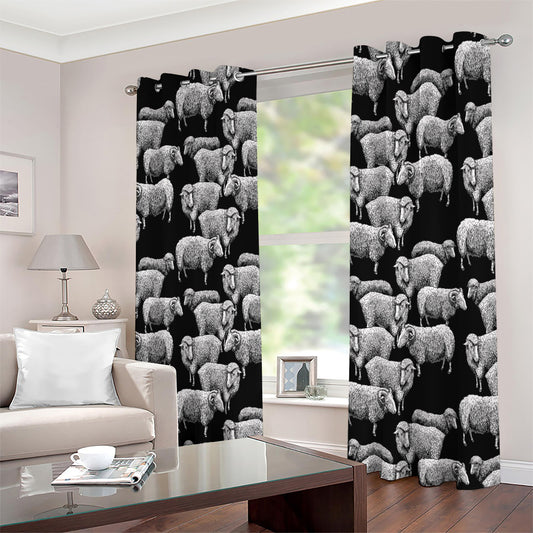 Black And White Sheep Pattern Print Extra Wide Grommet Curtains