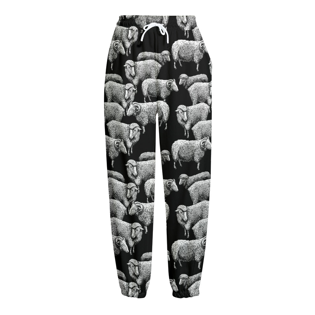 Black And White Sheep Pattern Print Fleece Lined Knit Pants