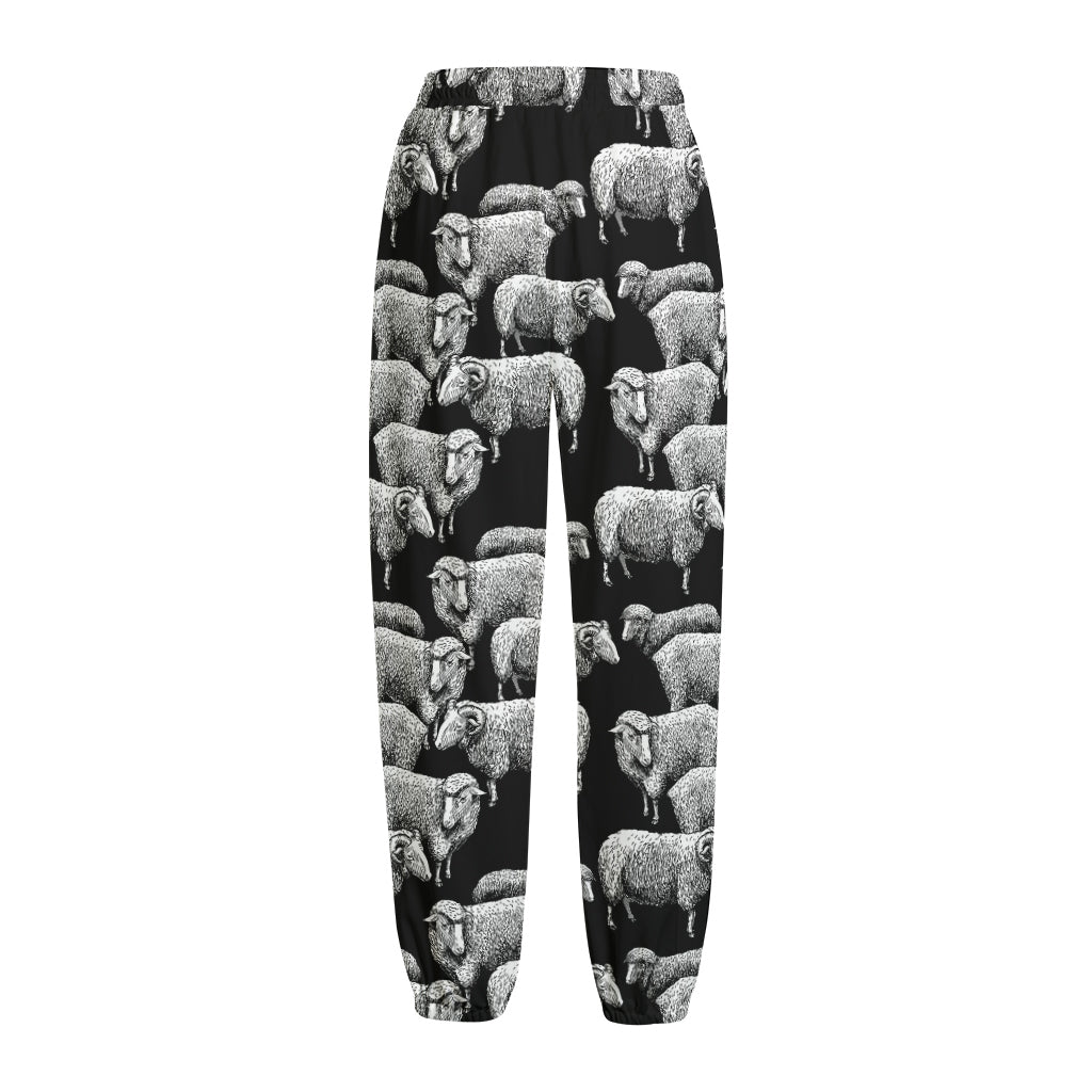 Black And White Sheep Pattern Print Fleece Lined Knit Pants