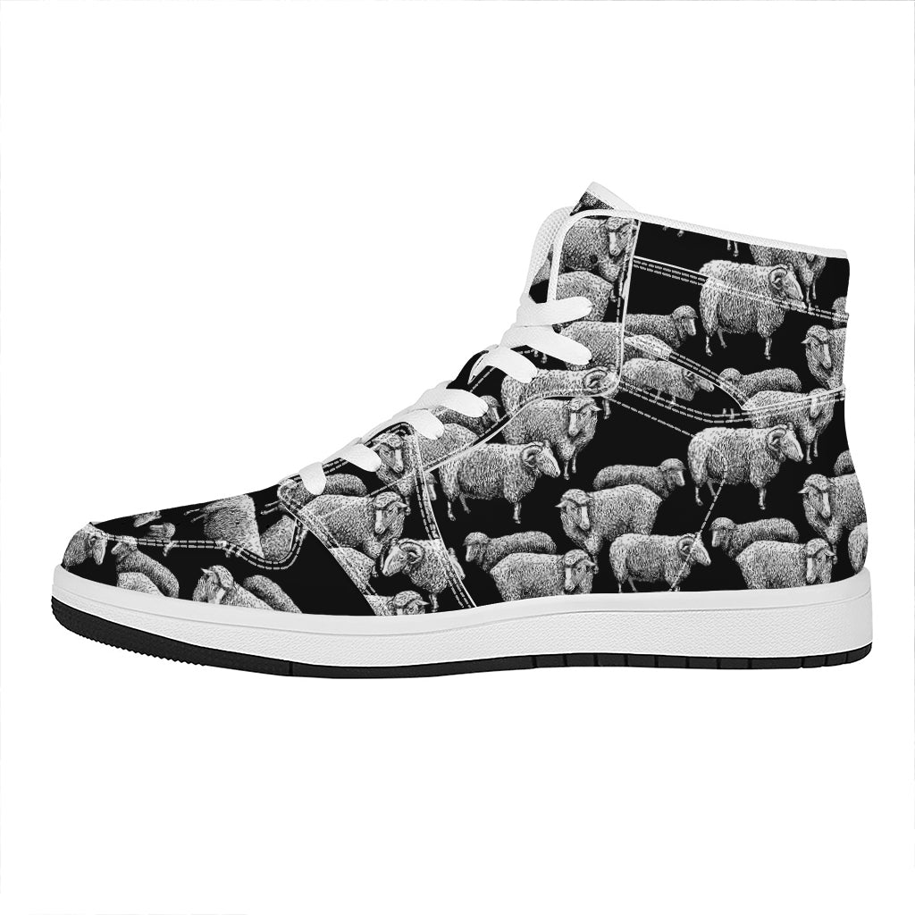 Black And White Sheep Pattern Print High Top Leather Sneakers