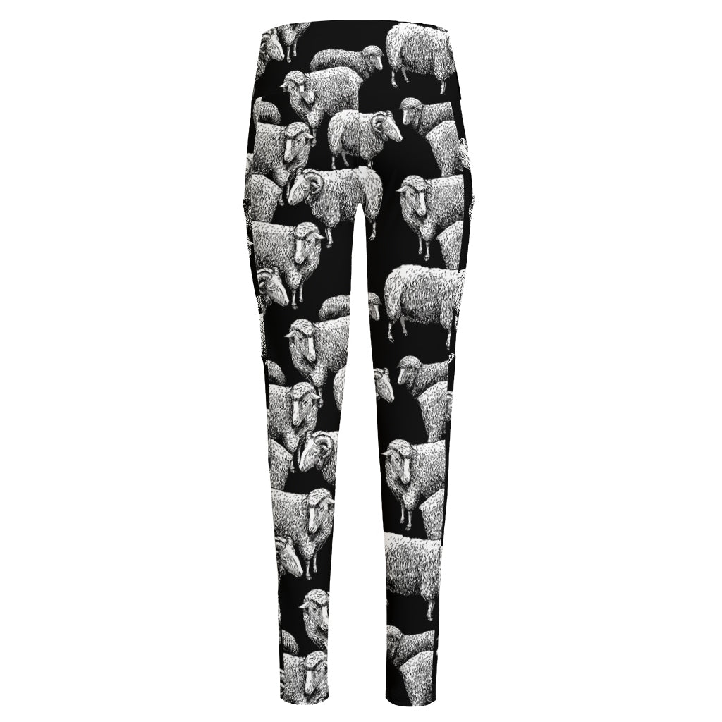 Black And White Sheep Pattern Print High-Waisted Pocket Leggings