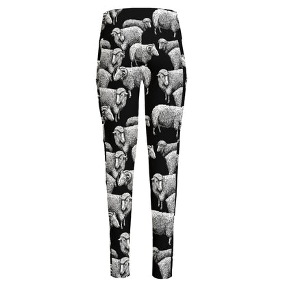 Black And White Sheep Pattern Print High-Waisted Pocket Leggings