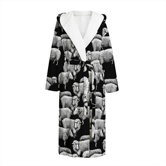 Black And White Sheep Pattern Print Hooded Bathrobe