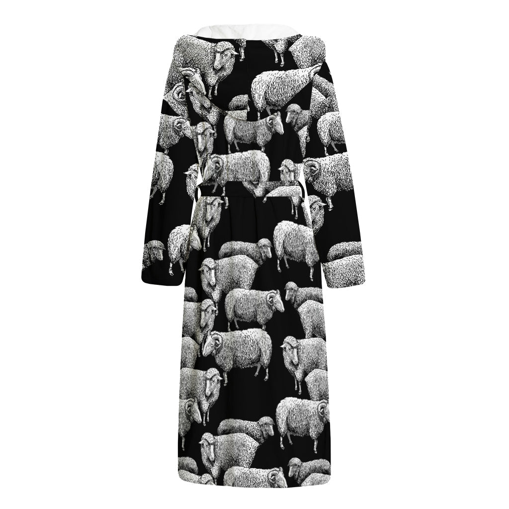 Black And White Sheep Pattern Print Hooded Bathrobe