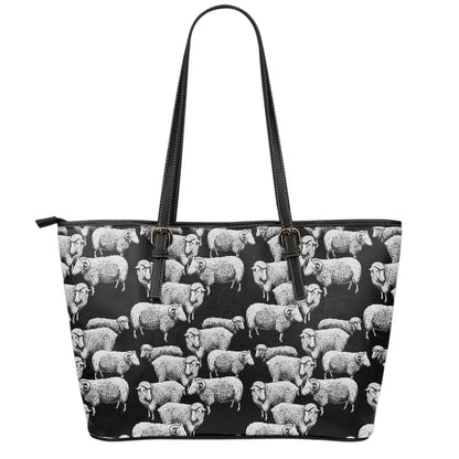 Black And White Sheep Pattern Print Leather Tote Bag