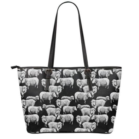 Black And White Sheep Pattern Print Leather Tote Bag
