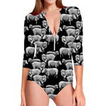 Black And White Sheep Pattern Print Long Sleeve Swimsuit