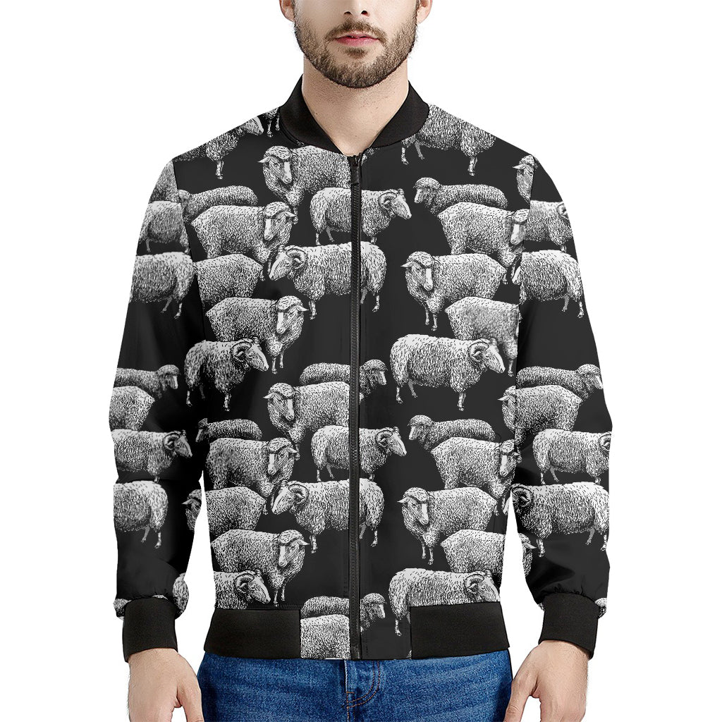 Black And White Sheep Pattern Print Men's Bomber Jacket