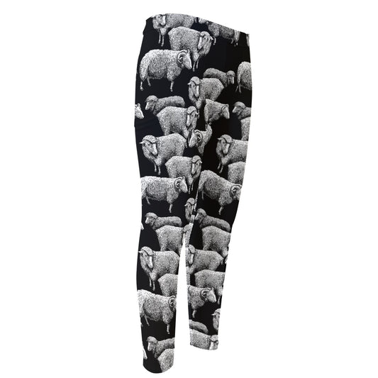 Black And White Sheep Pattern Print Men's Compression Pants