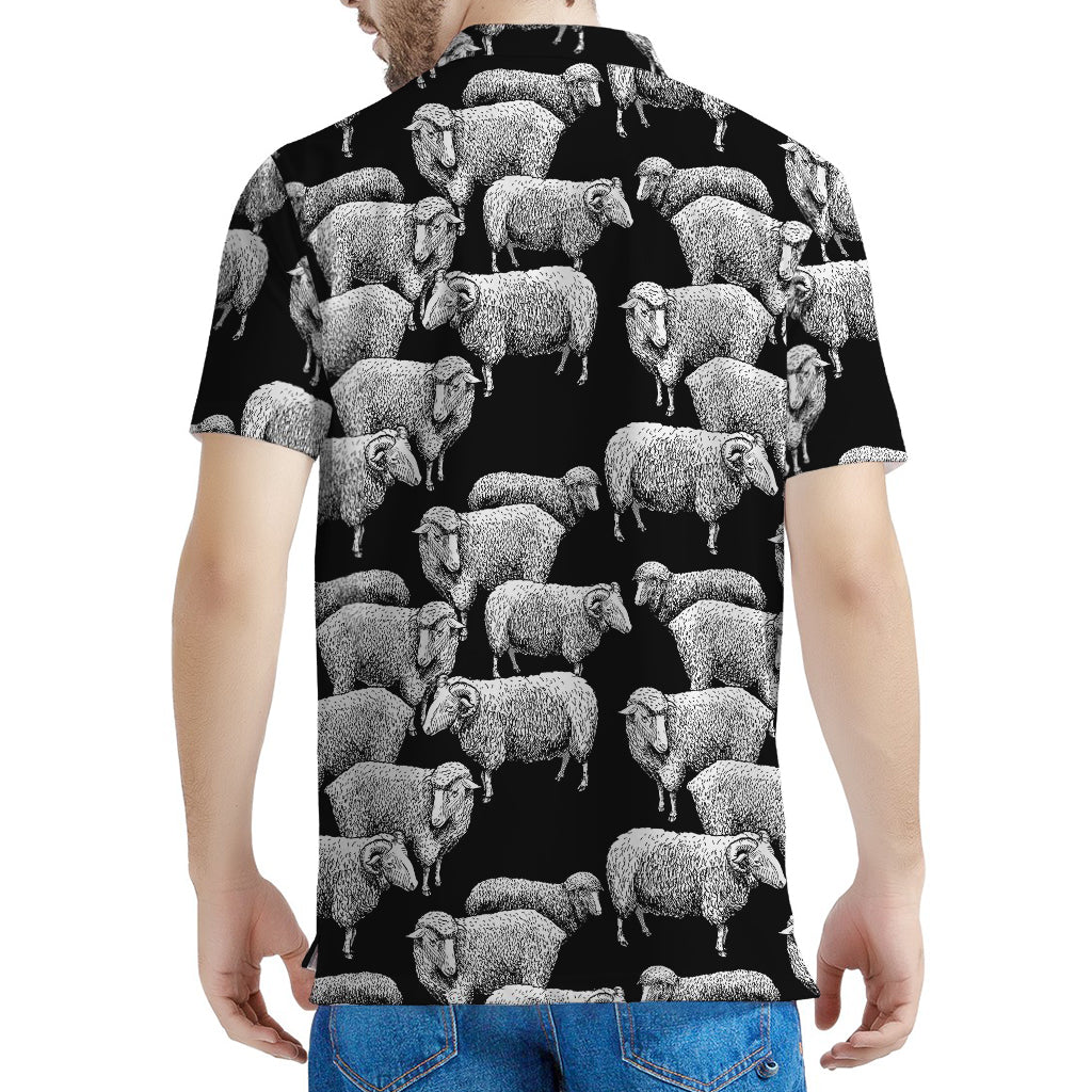 Black And White Sheep Pattern Print Men's Polo Shirt