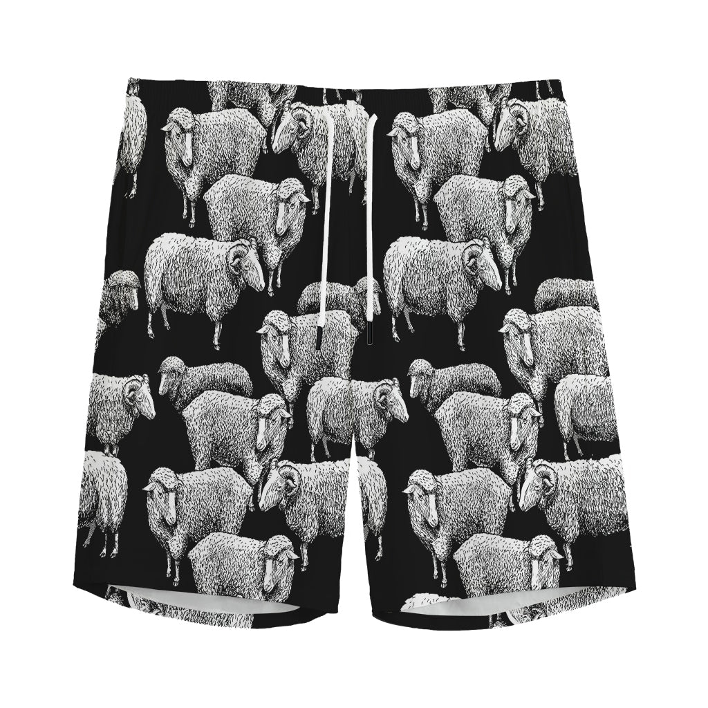 Black And White Sheep Pattern Print Men's Sports Shorts