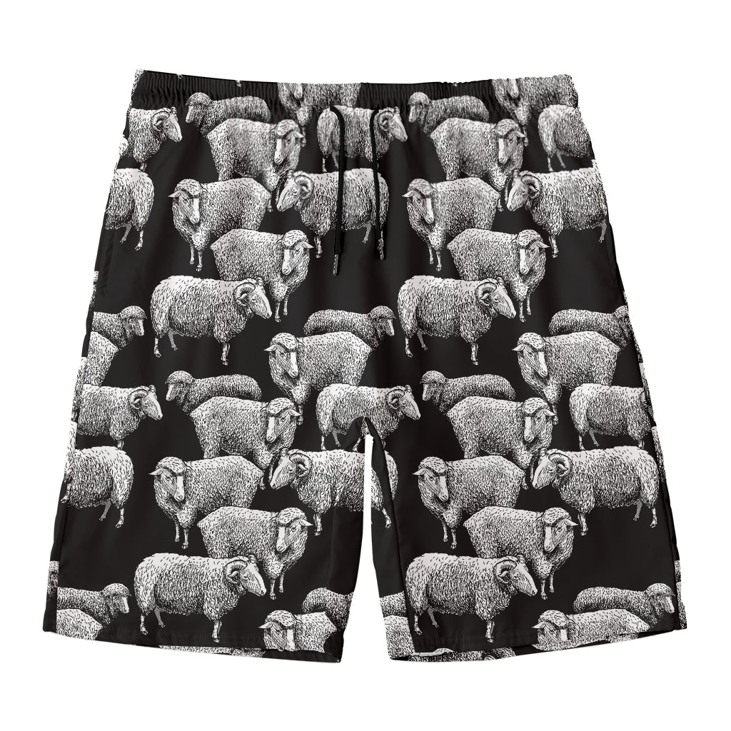 Black And White Sheep Pattern Print Men's Swim Trunks