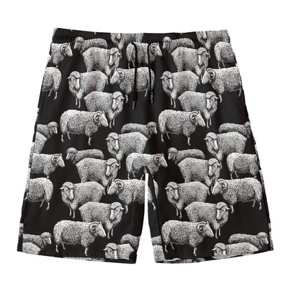 Black And White Sheep Pattern Print Men's Swim Trunks