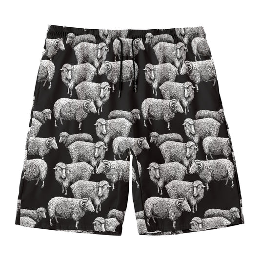 Black And White Sheep Pattern Print Men's Swim Trunks