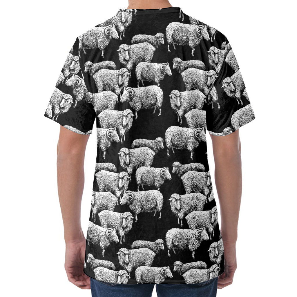 Black And White Sheep Pattern Print Men's Velvet T-Shirt
