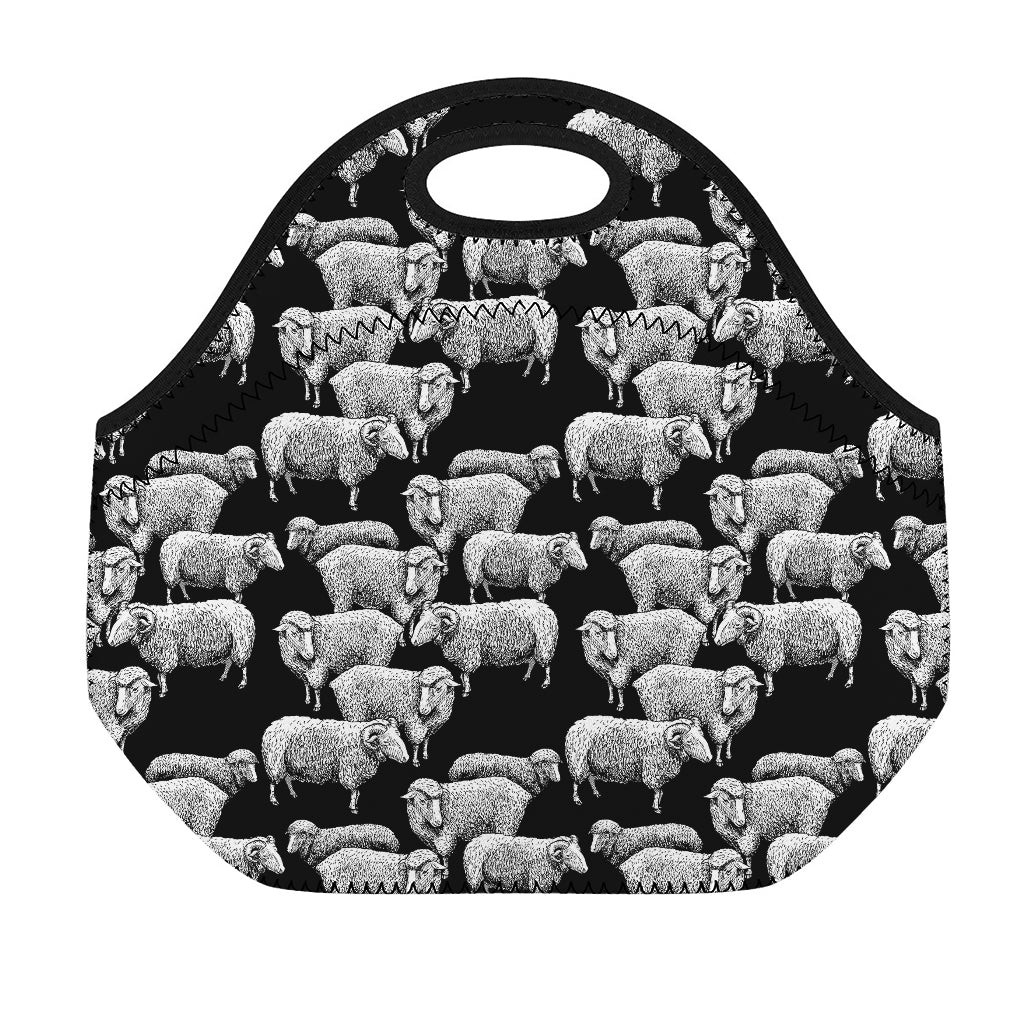 Black And White Sheep Pattern Print Neoprene Lunch Bag