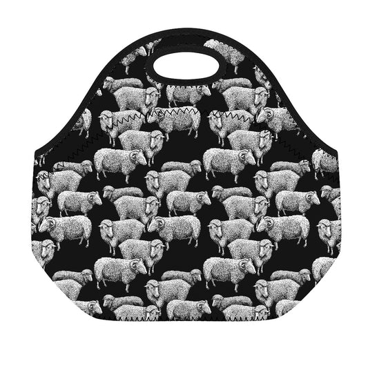 Black And White Sheep Pattern Print Neoprene Lunch Bag