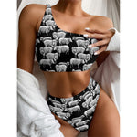 Black And White Sheep Pattern Print One Shoulder Bikini Top
