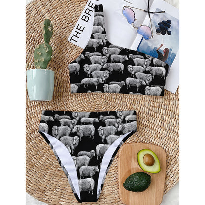 Black And White Sheep Pattern Print One Shoulder Bikini Top