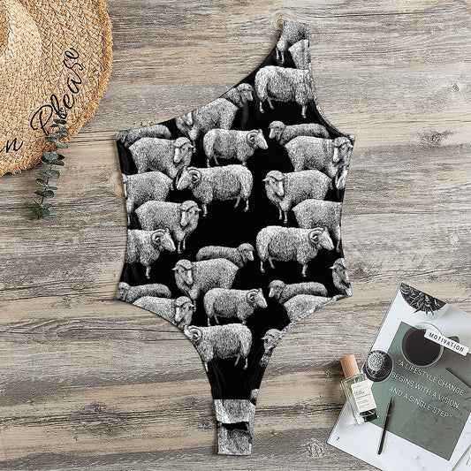 Black And White Sheep Pattern Print One Shoulder Bodysuit