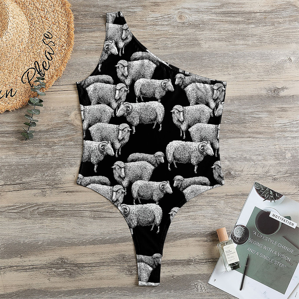 Black And White Sheep Pattern Print One Shoulder Bodysuit