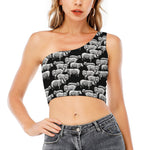 Black And White Sheep Pattern Print One Shoulder Crop Top