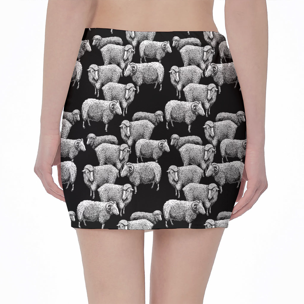 Black And White Sheep Pattern Print Pencil Mini Skirt