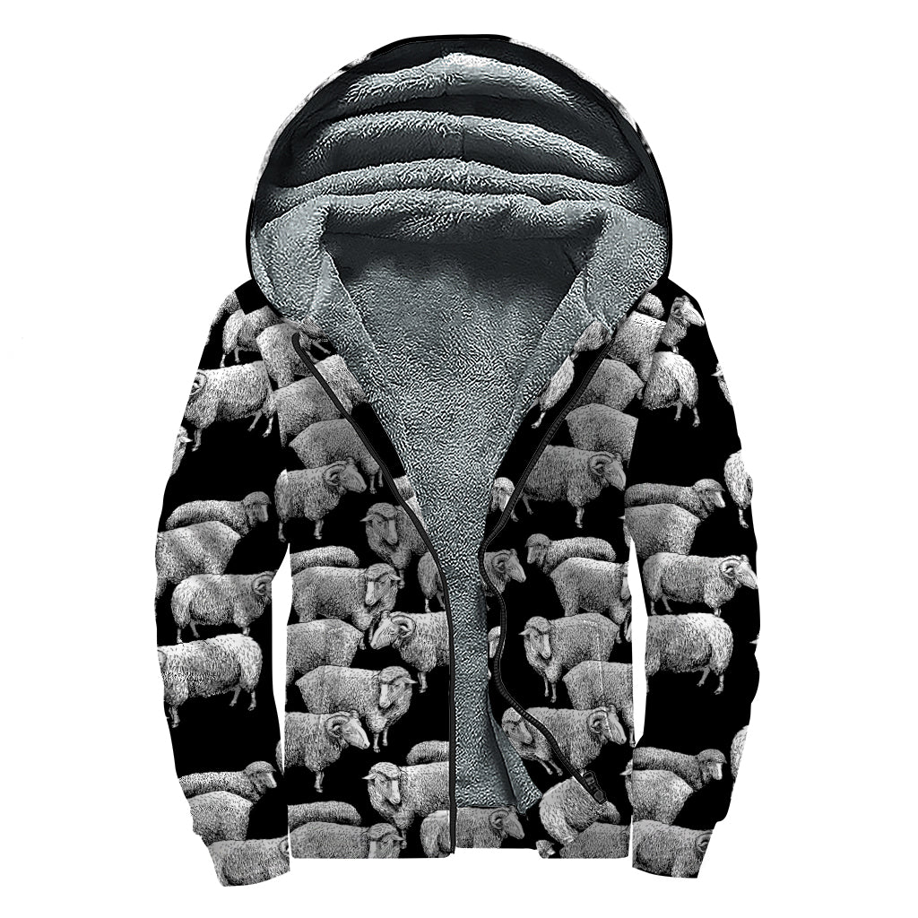 Black And White Sheep Pattern Print Sherpa Lined Zip Up Hoodie