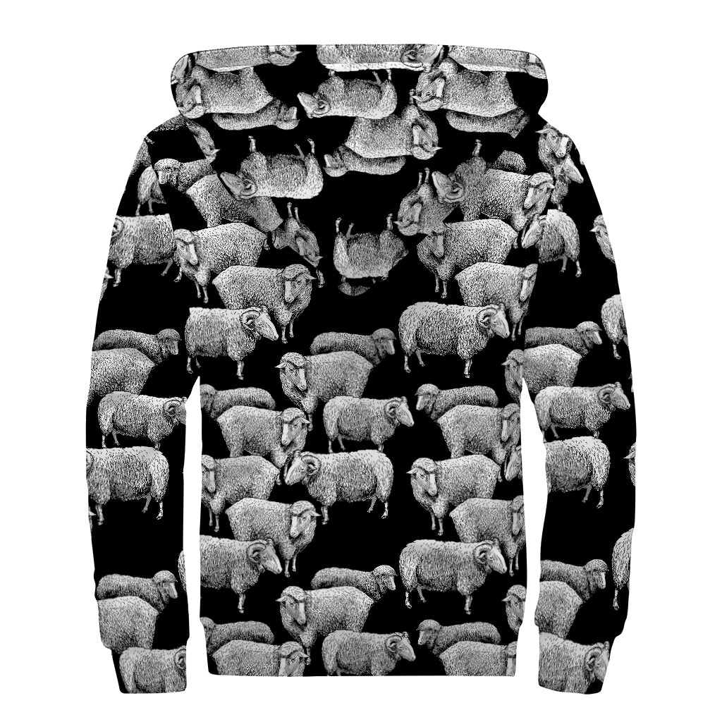 Black And White Sheep Pattern Print Sherpa Lined Zip Up Hoodie