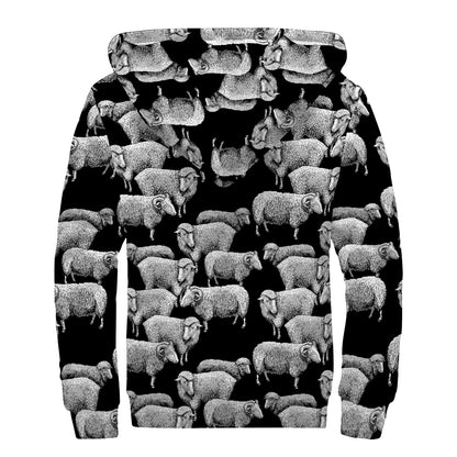 Black And White Sheep Pattern Print Sherpa Lined Zip Up Hoodie