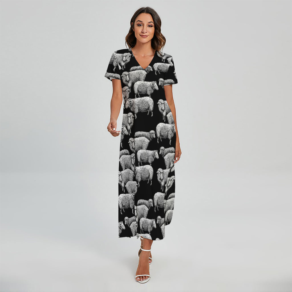 Black And White Sheep Pattern Print Short Sleeve Maxi Dress