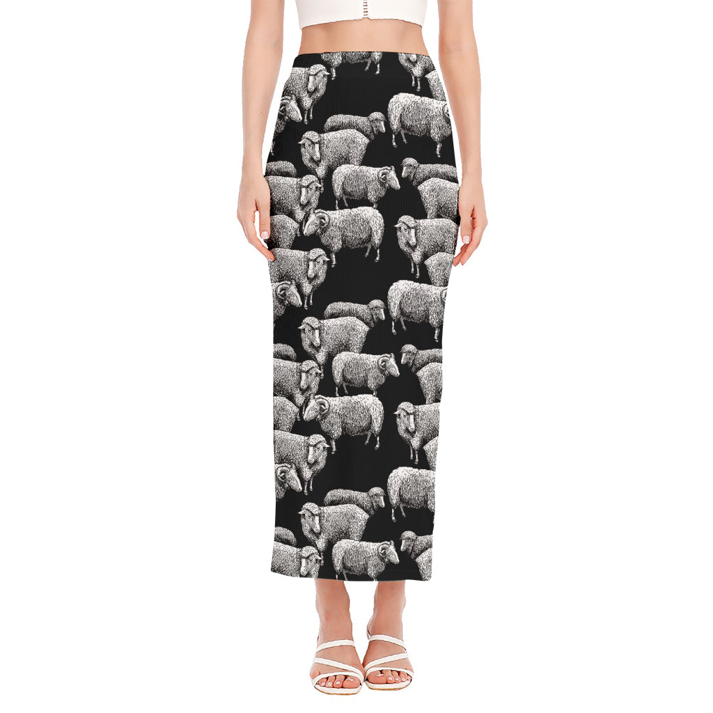 Black And White Sheep Pattern Print Side Slit Maxi Skirt