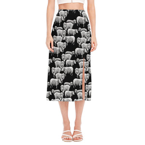 Black And White Sheep Pattern Print Side Slit Midi Skirt