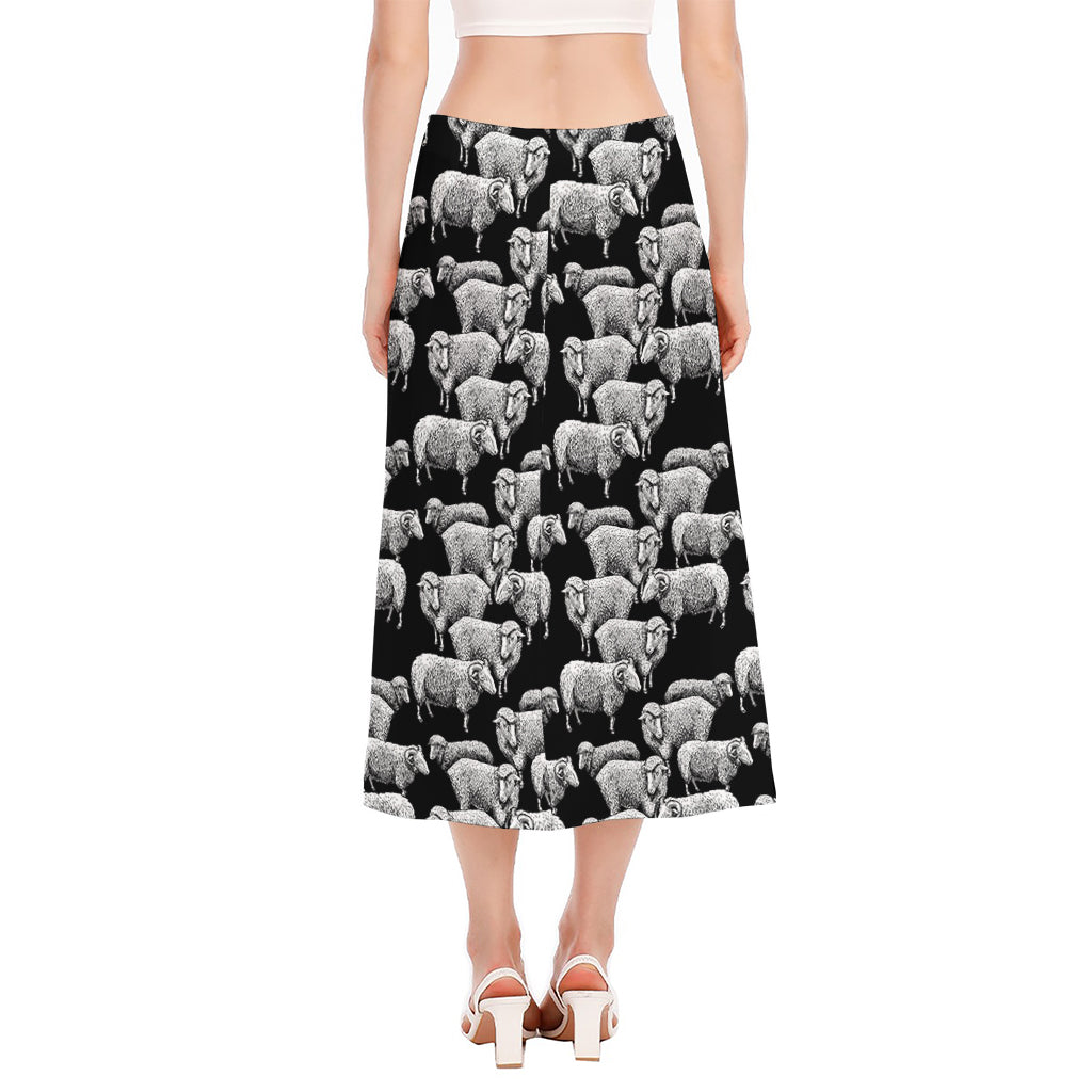 Black And White Sheep Pattern Print Side Slit Midi Skirt