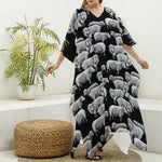 Black And White Sheep Pattern Print Silk V-Neck Kaftan Dress