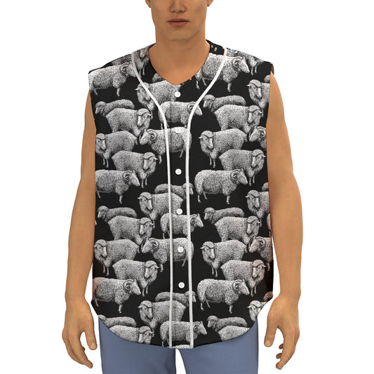 Black And White Sheep Pattern Print Sleeveless Baseball Jersey