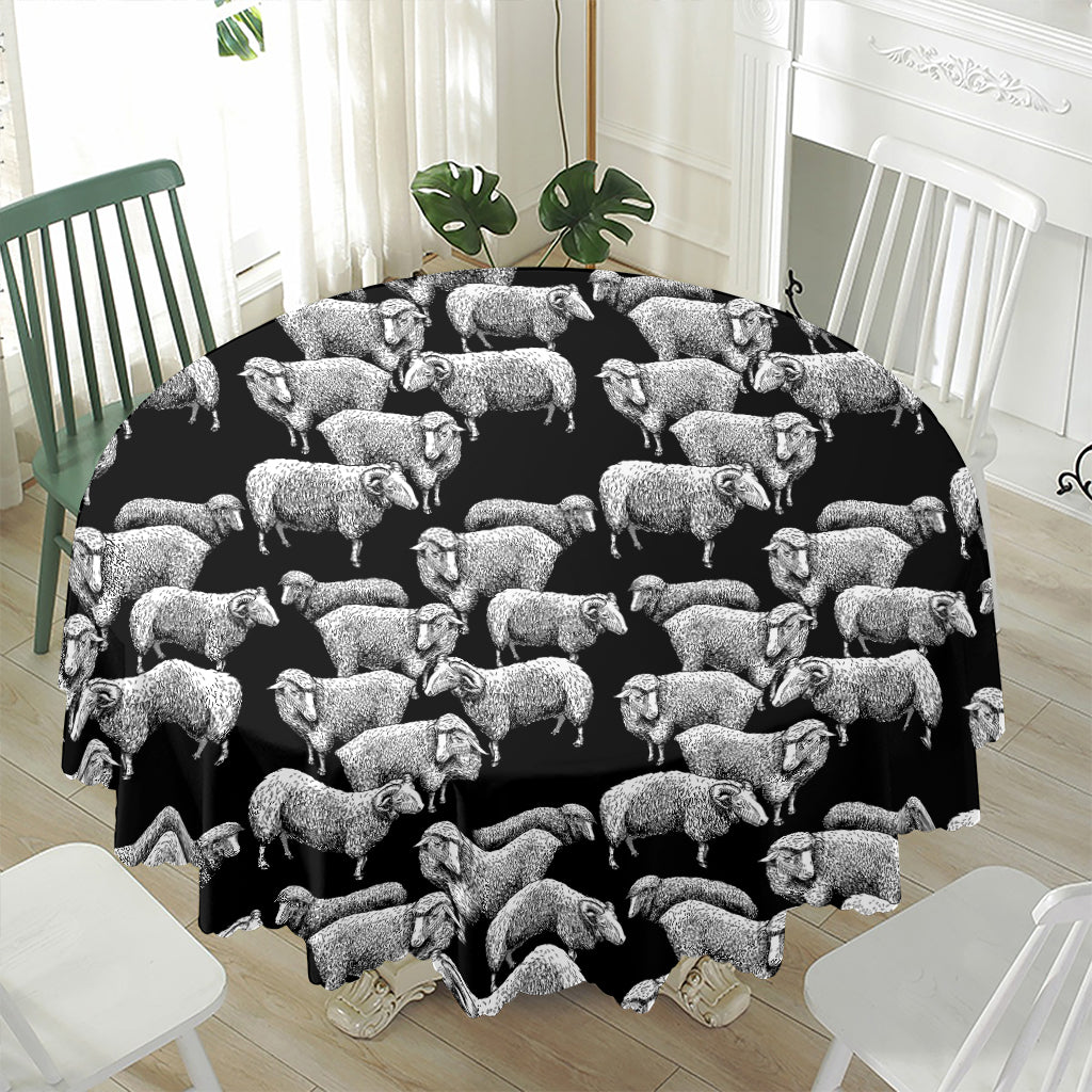 Black And White Sheep Pattern Print Waterproof Round Tablecloth