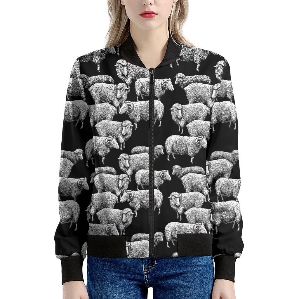 Black And White Sheep Pattern Print Women's Bomber Jacket