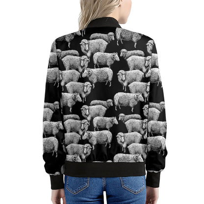 Black And White Sheep Pattern Print Women's Bomber Jacket