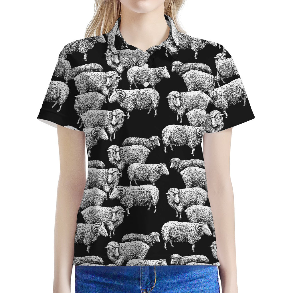 Black And White Sheep Pattern Print Women's Polo Shirt