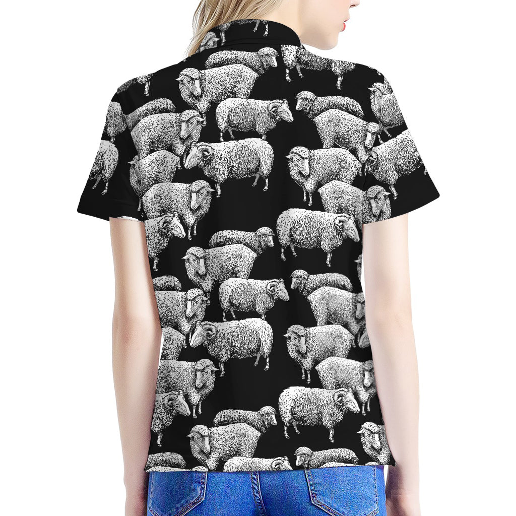 Black And White Sheep Pattern Print Women's Polo Shirt
