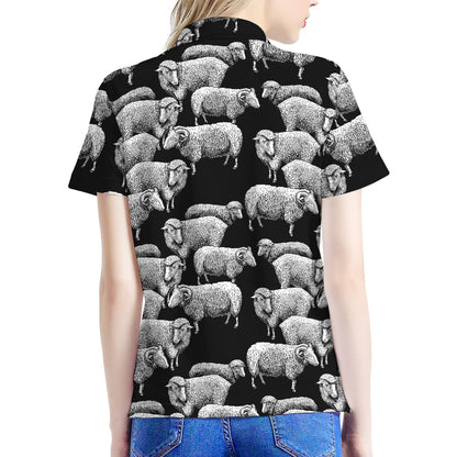 Black And White Sheep Pattern Print Women's Polo Shirt