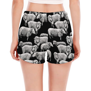 Black And White Sheep Pattern Print Women's Split Running Shorts