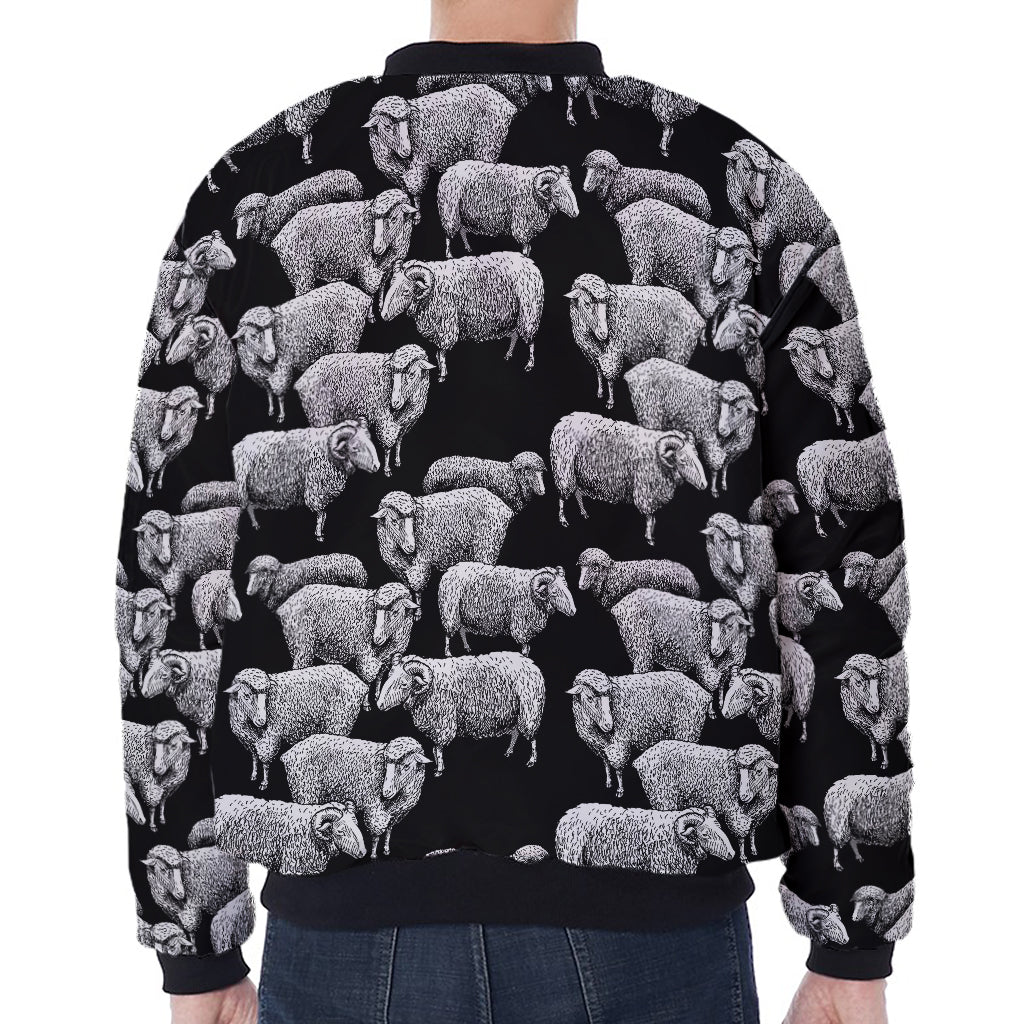 Black And White Sheep Pattern Print Zip Sleeve Bomber Jacket