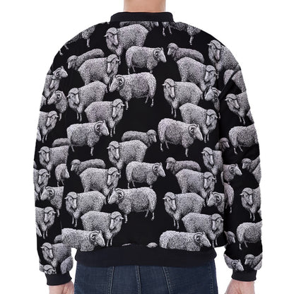 Black And White Sheep Pattern Print Zip Sleeve Bomber Jacket