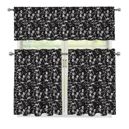 Black And White Skeleton Pattern Print 3 Piece Kitchen Curtains