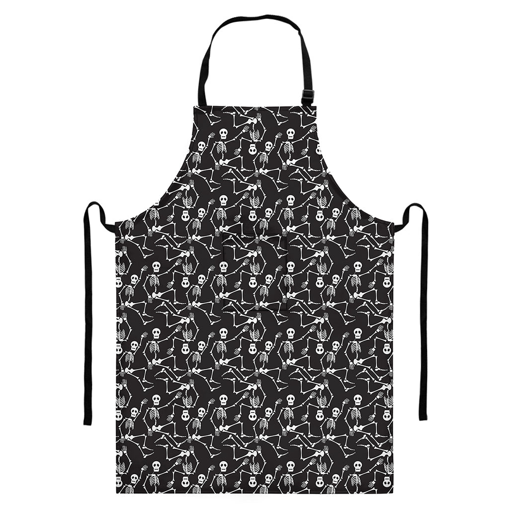Black And White Skeleton Pattern Print Bib Apron With Pocket