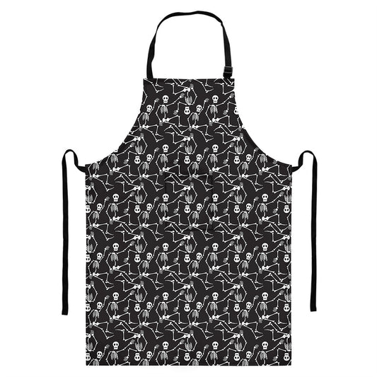 Black And White Skeleton Pattern Print Bib Apron With Pocket