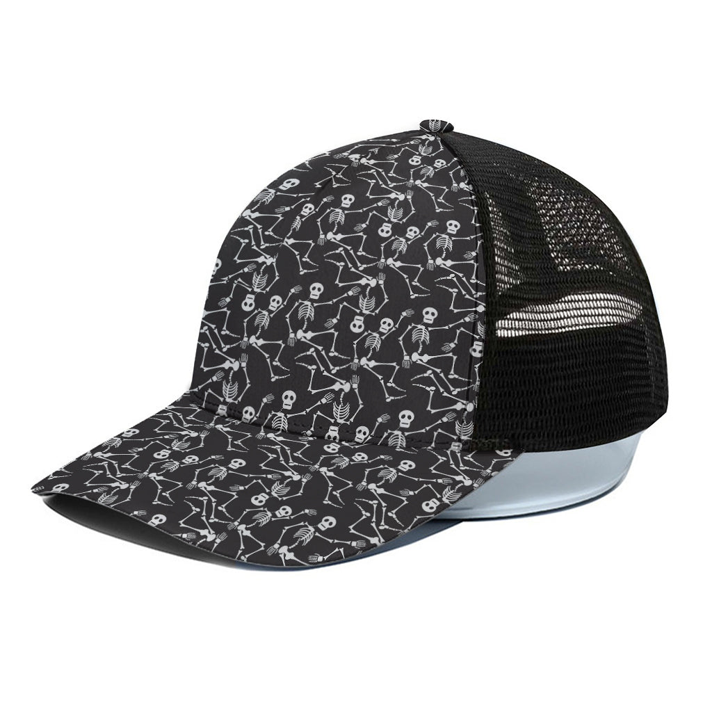 Black And White Skeleton Pattern Print Black Mesh Trucker Cap